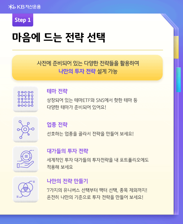 다이렉트 인덱싱 활용. 마음에 드는 전략 선택, 사전에 준비되어 있는 다양한 전략들을 활용하여 나만의 투자 전략 설계 가능.